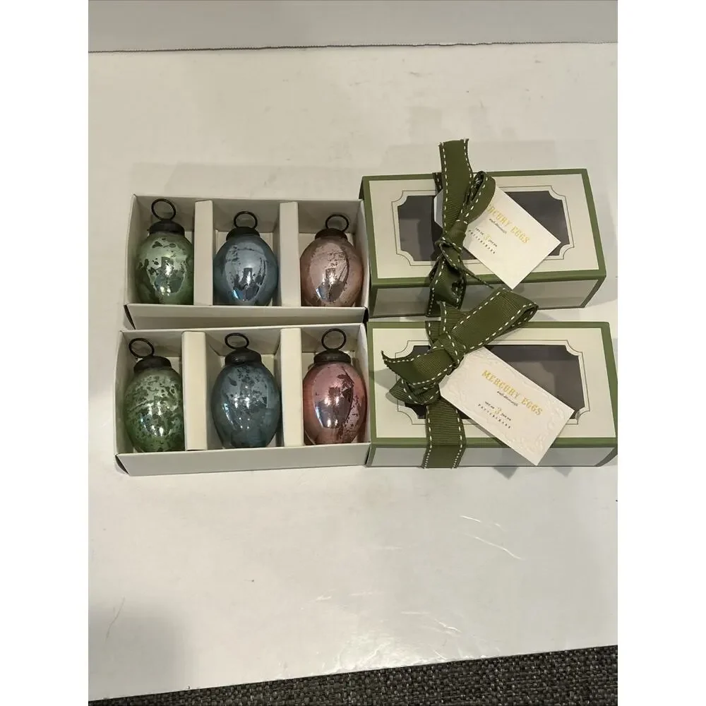 Pottery Barn Mercury Glass Egg Ornaments in Box Blue Pink Green Lot